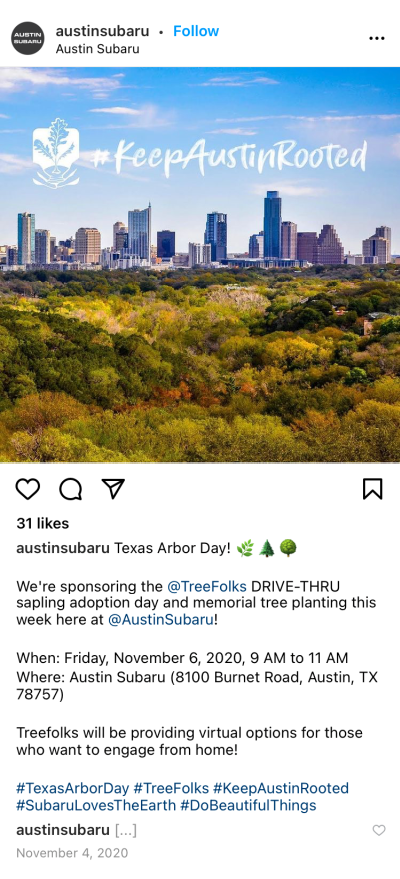 screen shot of Austin Subaru Instagram post