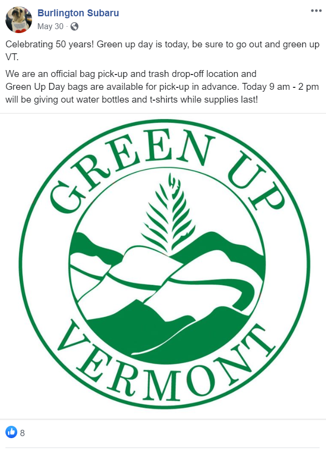 Burlington Subaru social media post highlighting Green Up Day 2020