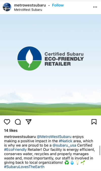 screen shot of Metro West Subaru Instagram post