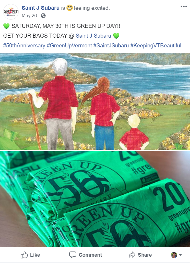 Saint J Subaru social media post highlighting Green Up Day 2020