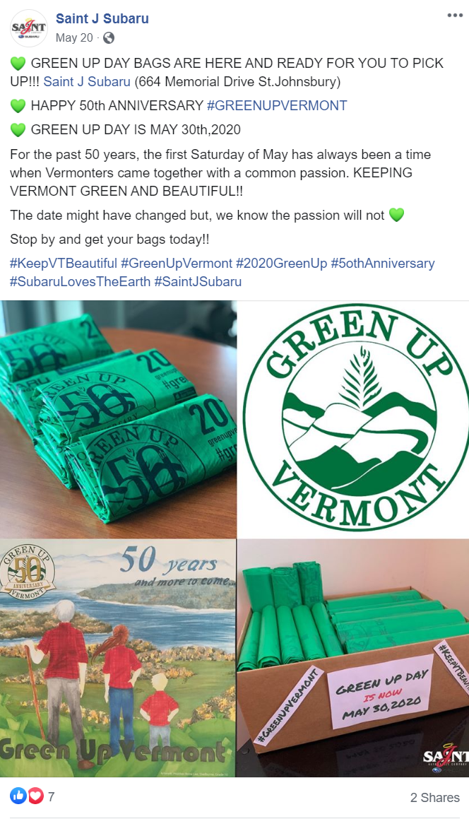 Saint J Subaru social media post highlighting Green Up Day 2020