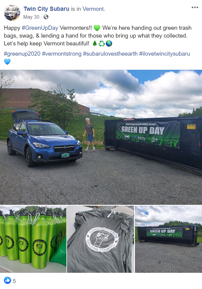 Twin City Subaru social media post highlighting Green Up Day 2020