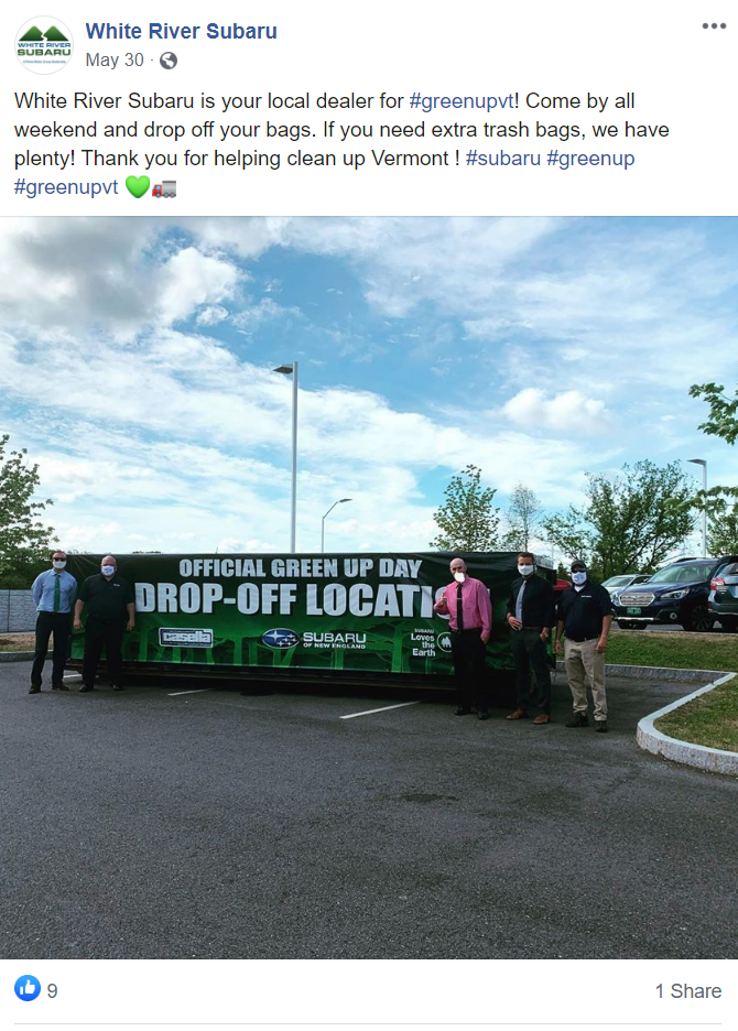 White River Subaru social media post highlighting Green Up Day 2020