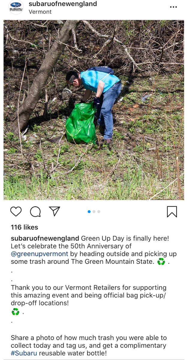Subaru of New England social media post highlighting Green Up Day 2020