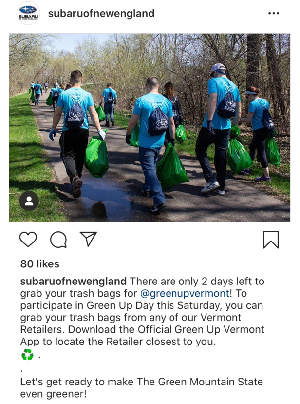 Subaru of Ne England social media post highlighting Green Up Day 2020