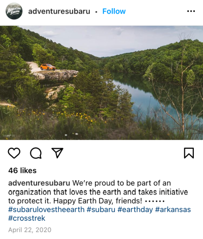 Earth Day Facebook post screen capture from Adventure Subaru