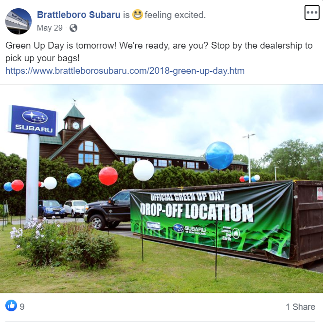 Brattleboro Subaru social media post highlighting Green Up Day 2020
