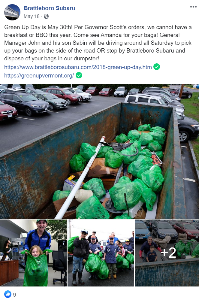 Brattleboro Subaru social media post highlighting Green Up Day 2020