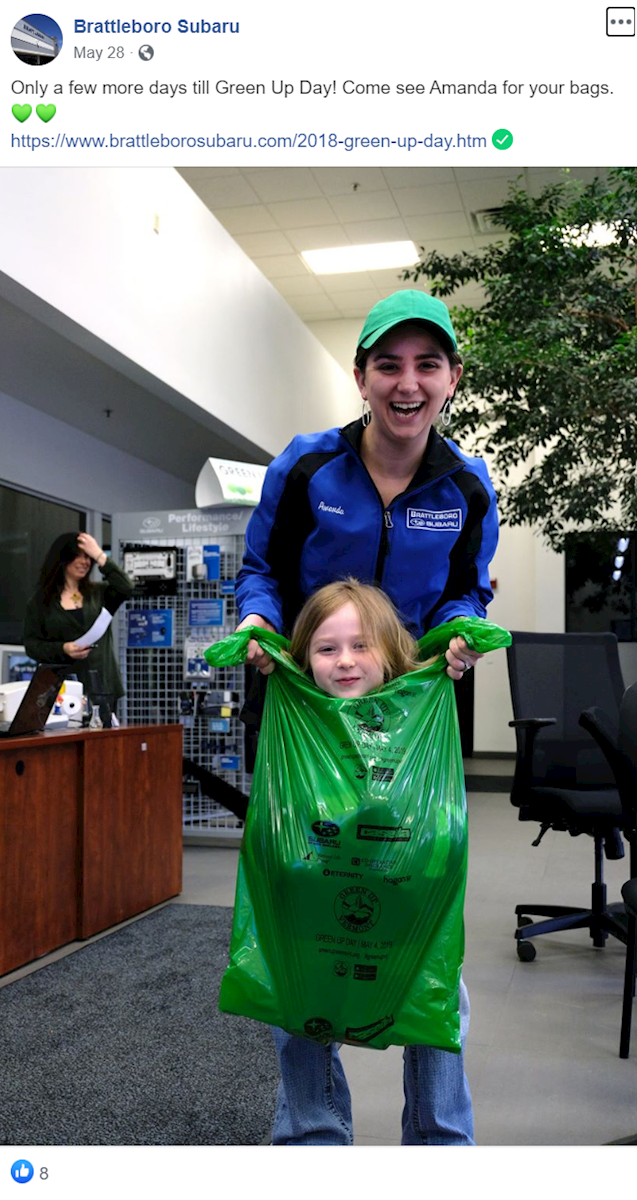 Brattleboro Subaru social media post highlighting Green Up Day 2020