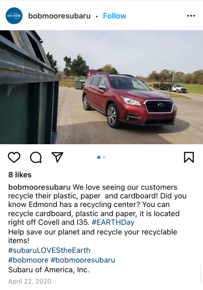 Earth Day Facebook post screen capture from Bob Moore Subaru highlighting green efforts
