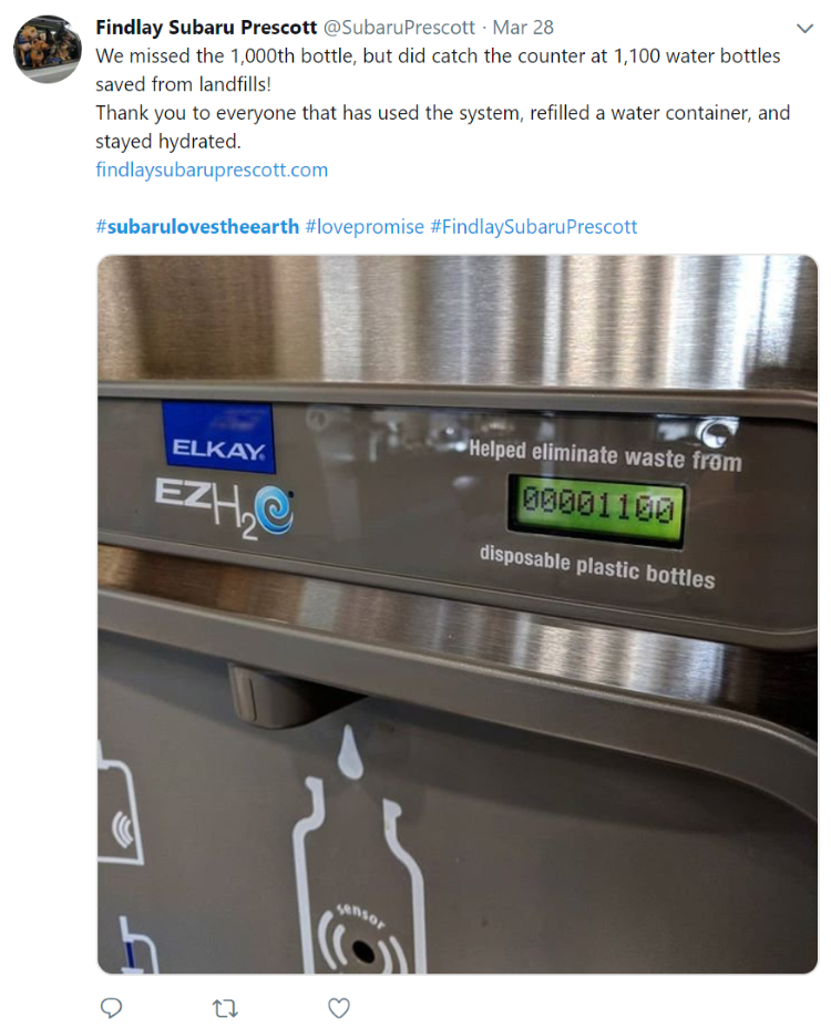 Findlay Subaru Prescott watter bottle refill system social media post