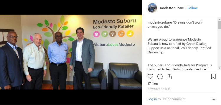 Modesto Subaru Eco-Friendly Retailer social media announcement