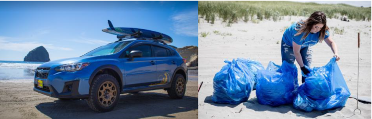 Subaru vehicle on beach, woman placing trash in bags on beach