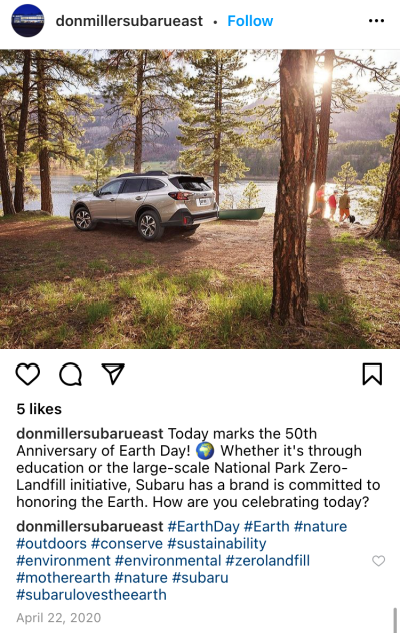 Earth Day Facebook post screen capture from Don Miller Subaru 