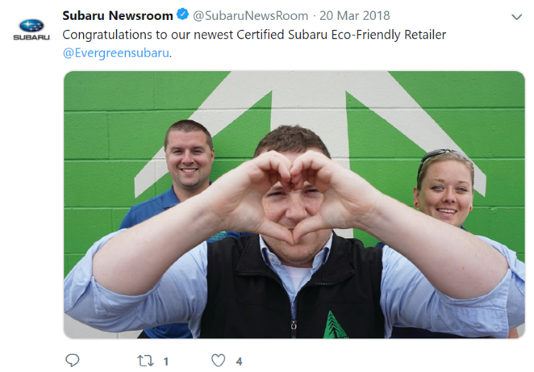 Evergreen Subaru Eco-Friendly Retailer social media announcement