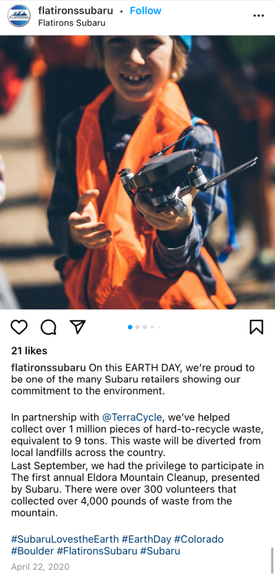 Earth Day Facebook post screen capture from Flatirons Subaru highlighting green efforts