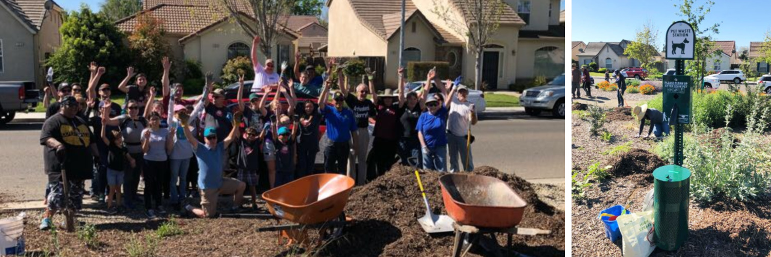 Group of Subaru employees working at a community garden, pet waste station