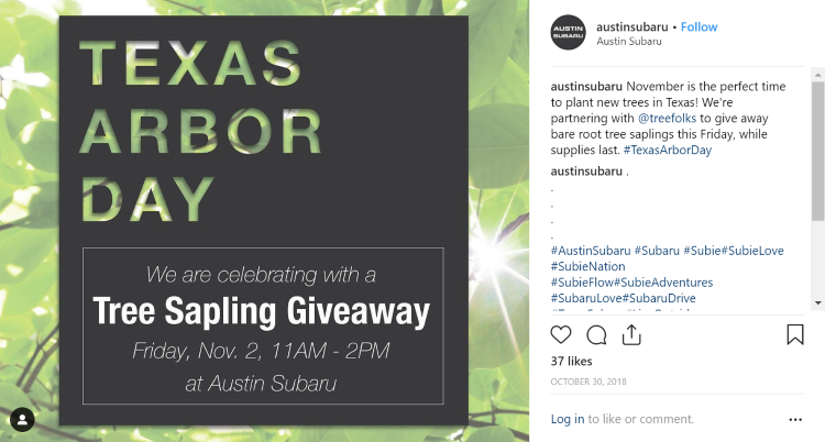 Austin Subaru tree giveaway social media post