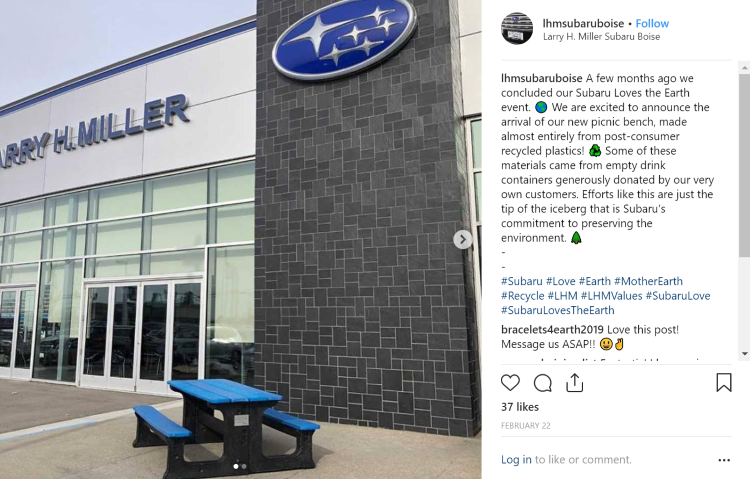 Larry H Miller Subaru Boise picnic table made from recycled plastic social media post