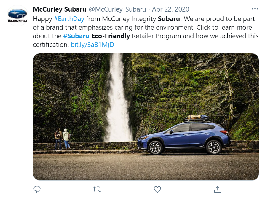 Earth Day Facebook post screen capture from McCurley Subaru highlighting green efforts