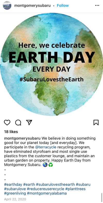 Earth Day Facebook post screen capture from Montgomery Subaru highlighting green efforts