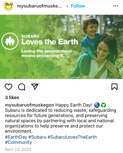 Earth Day Facebook post screen capture from Subaru of Muskegon