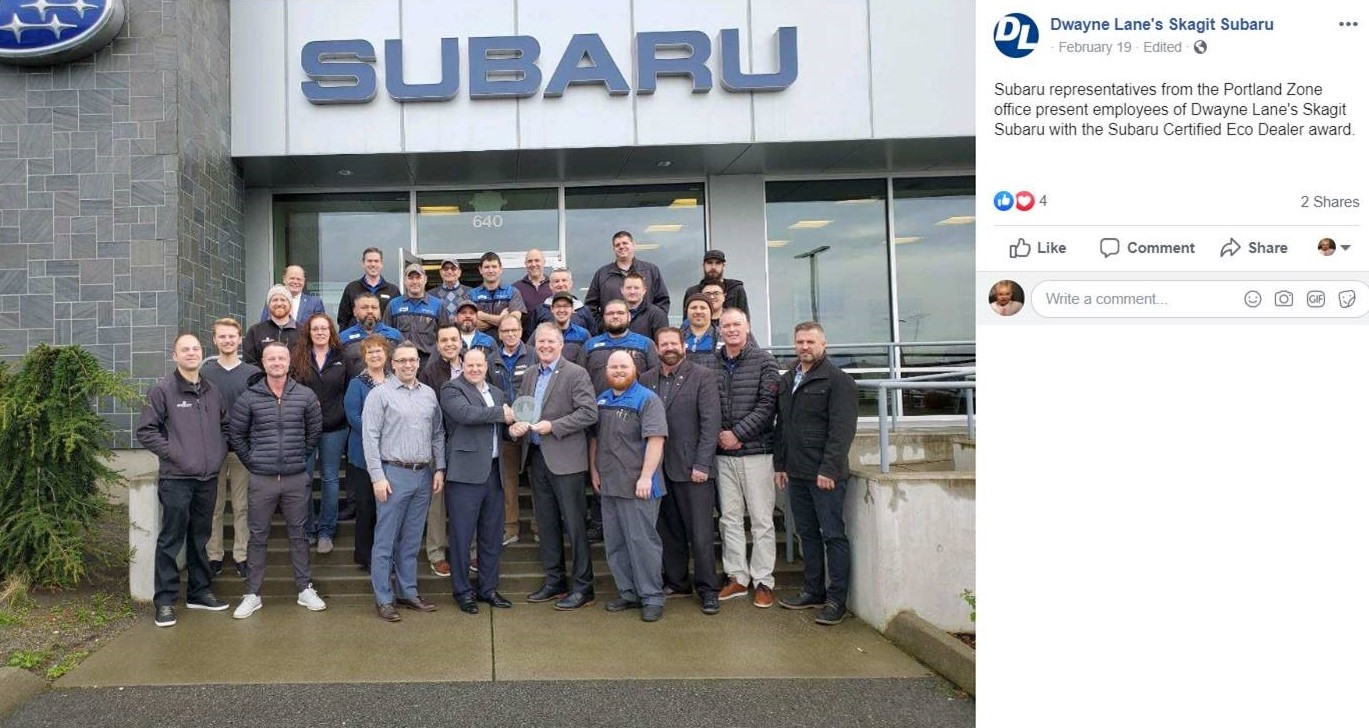 Dwayne Lane's Skagit Subaru Eco-Friendly retailer award presentation