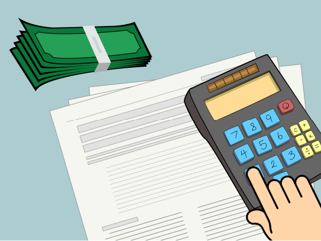 illustration with stack of cash, papers and calculator
