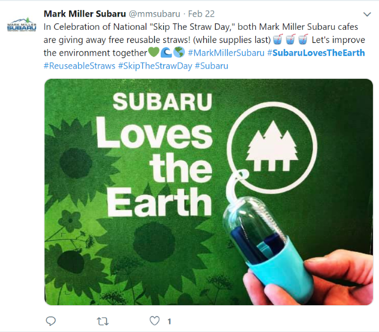Mark Miller Subaru reusable straw giveaway social media post
