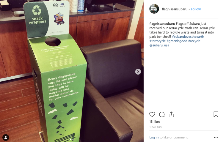 Flagnissan Subaru TerraCycle bin social media post