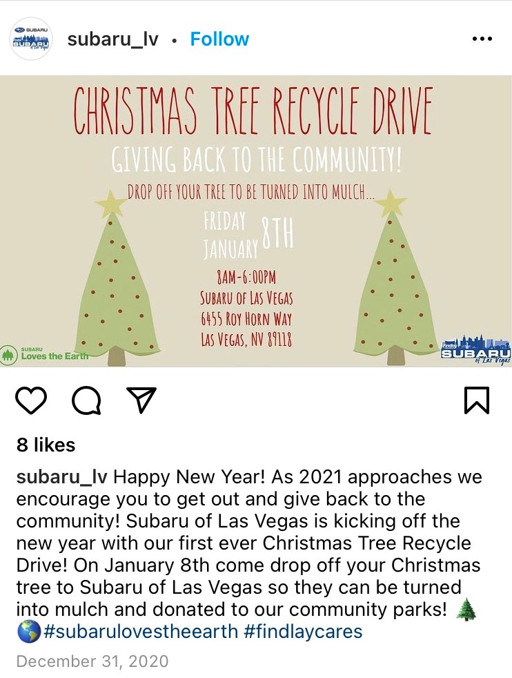 Subaru Las Vegas Christmas Tree Recycle Drive Instagram post