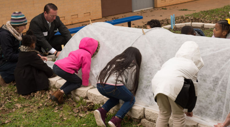 children and adults covering vegetable garden for winter