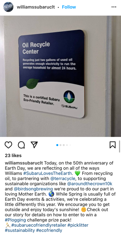 Earth Day Facebook post screen capture from Williams Subaru highlighting green efforts